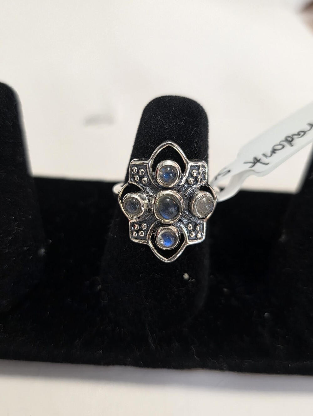 Sterling Silver Moonstone Floral Cluster Ring - Blue Accents